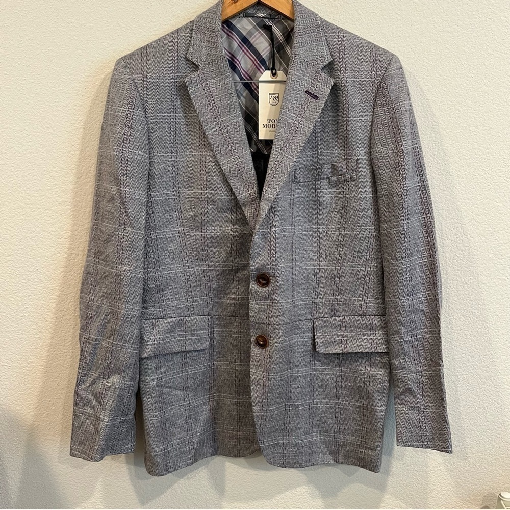 Tom Morris gray and purple plaid golf coat size 40R with elbow patches NWT